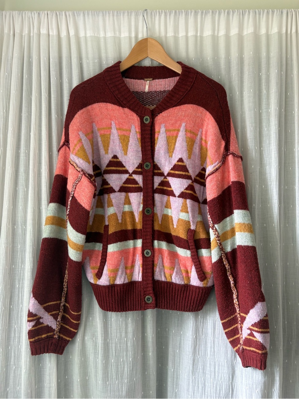Free People Burgundy, Pink and Mustard Geometric Knit Cardigan - Picture 3 of 6